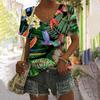 T-Shirts mit tropischen Pflanzen und Blumen, Papagei, 3D-Druck, V-Ausschnitt, kurzärmelig, übergroß, Harajuku, Y2k, Top, T-Shirts für Damen