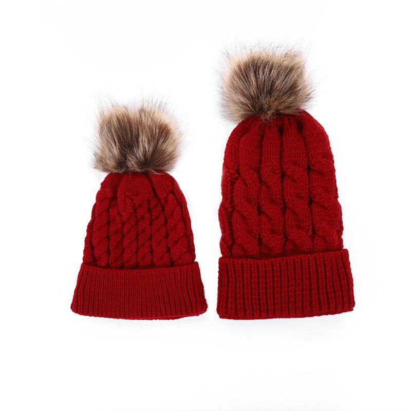 Children's Parent-child Suit Autumn Winter Ball Fried Dough Twists Wool Hat Knitted Hat Fashionable Warm Wool Hat