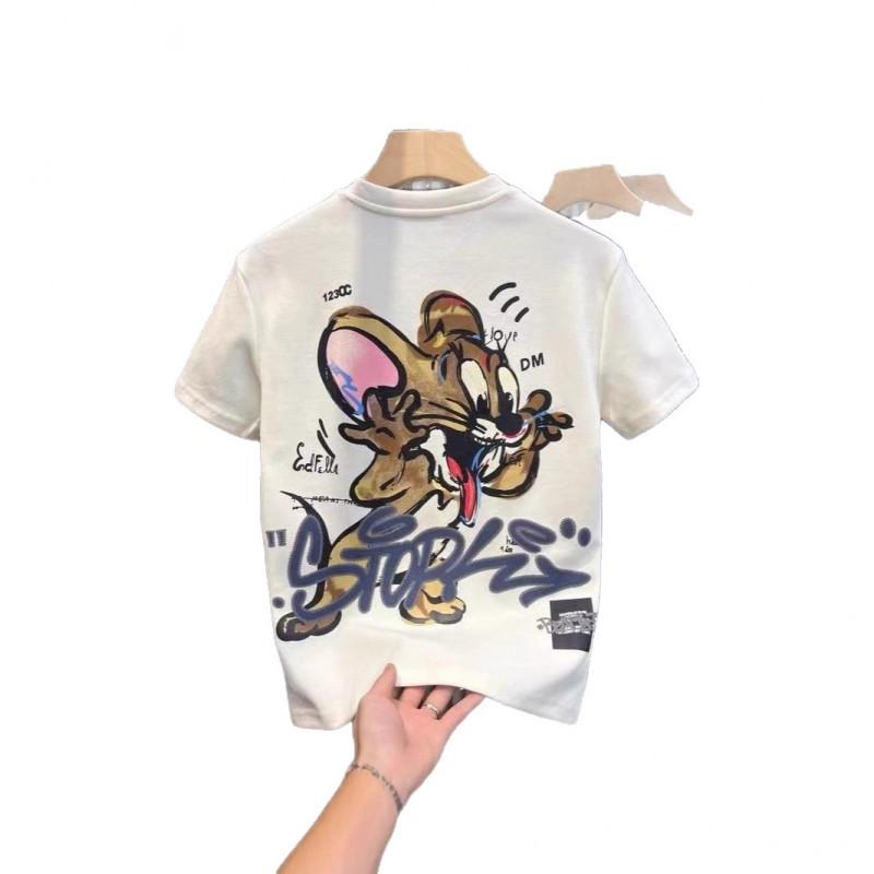 Mens Loose Fit Short Sleeve T-Shirt With Cartoon Embroidery Print Cotton Crew Neck Casual Top