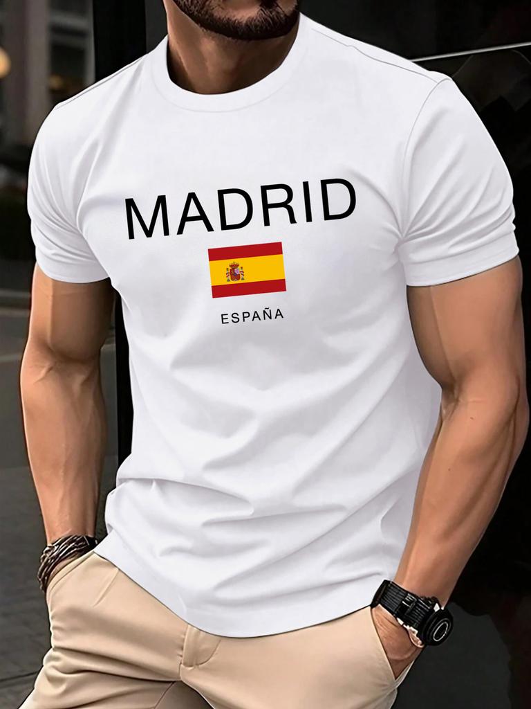 Madrid Spain Flag Design Mens TShirt Soft Loose ONeck T Shirts AllMatch Cotton Streetwear Unisex Summer Casual Short Sleeve