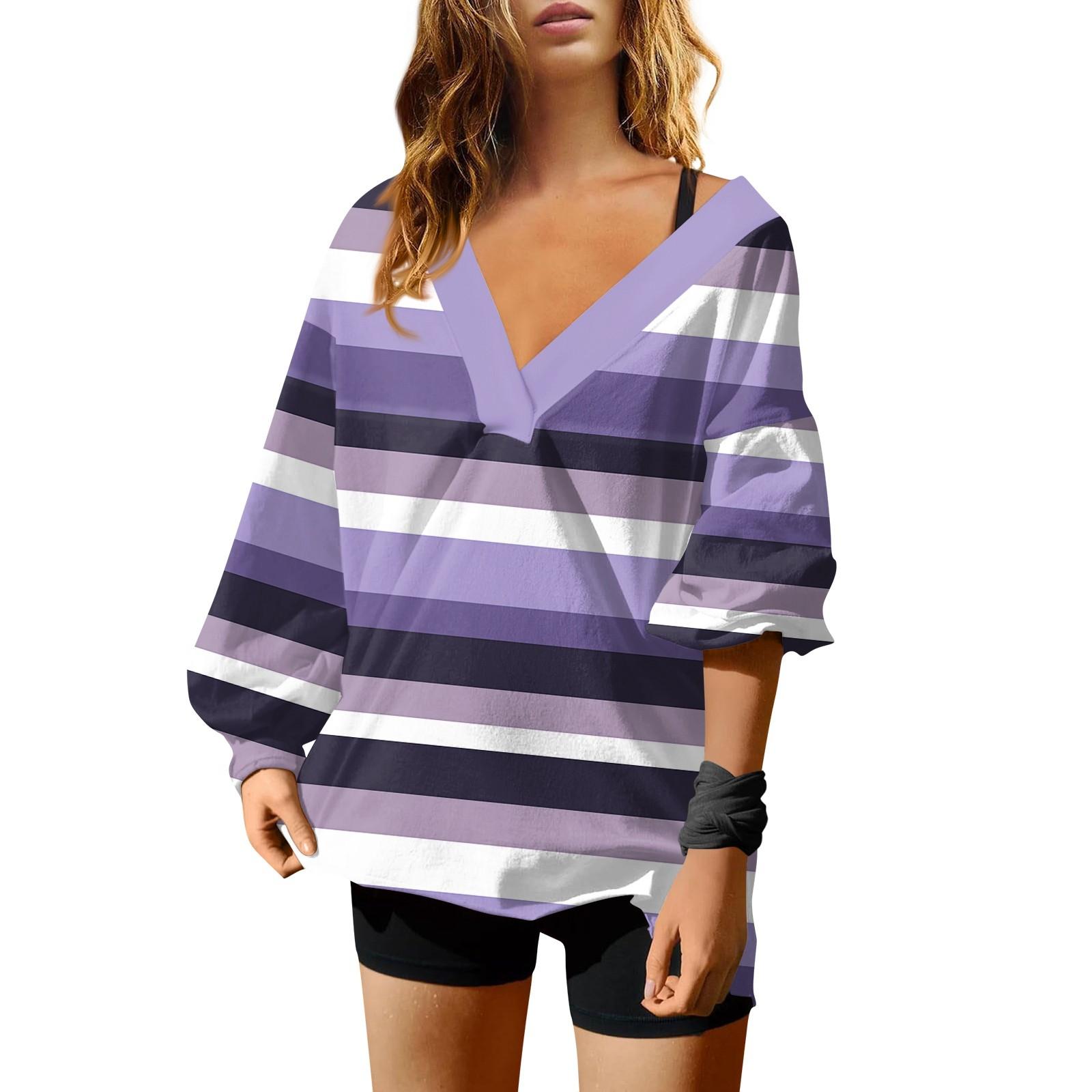 Женская мода полосатый принт V-образный вырез длинный рукав свободный пуловер свитшот — фото 4