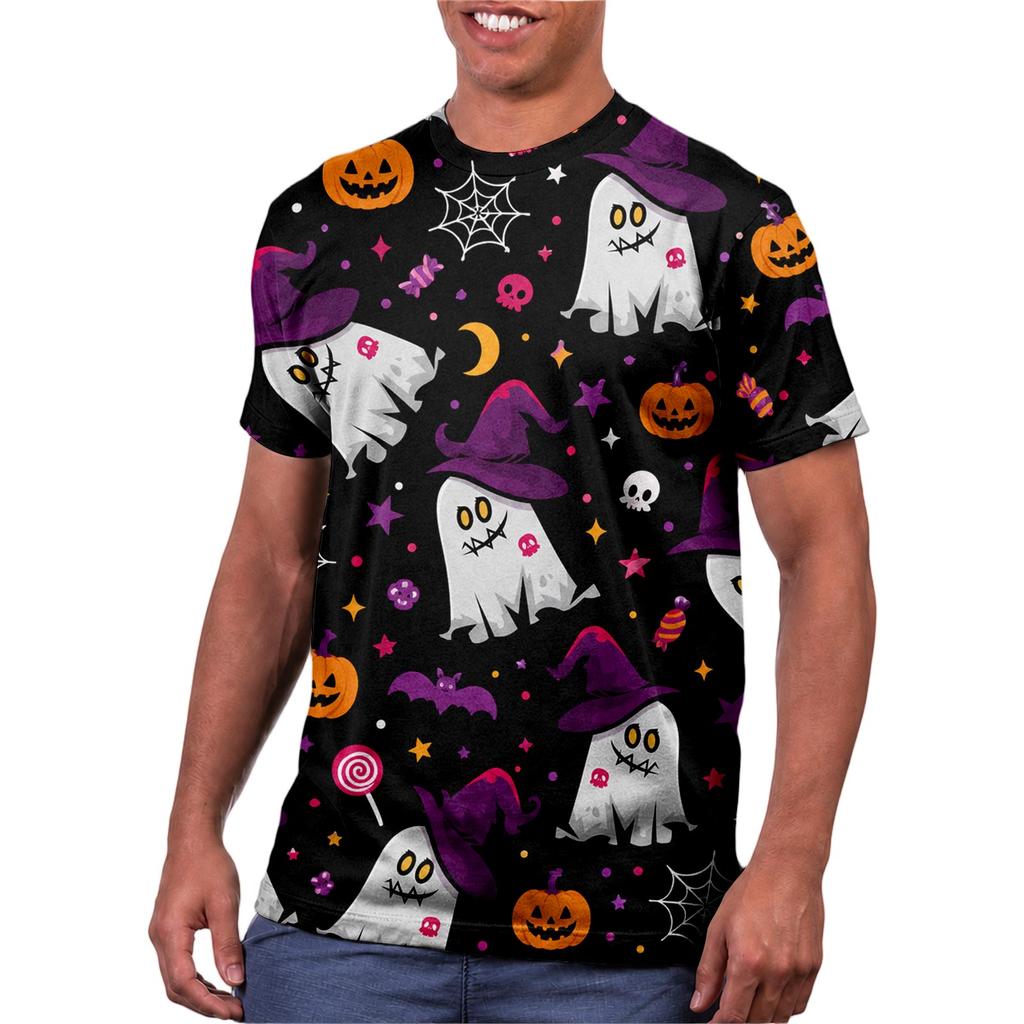 Halloween All Over Print T Shirt, Cute Pumpkin Graphic Tee for Women Men