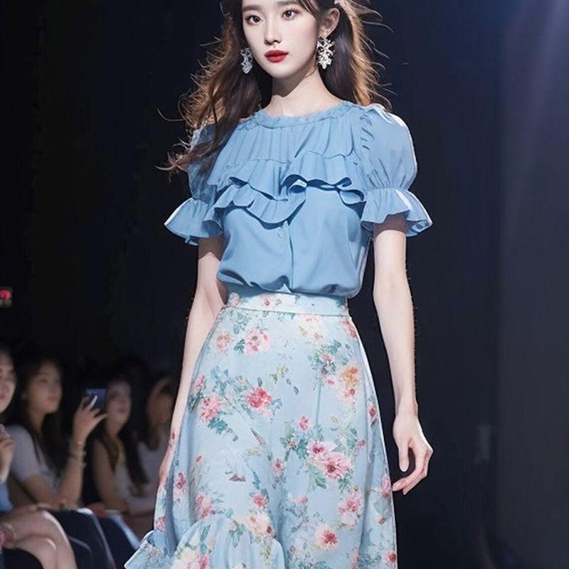 

Petite Dopamine Dressing: Blue Shirt & Pink Floral Chiffon Skirt Set Small