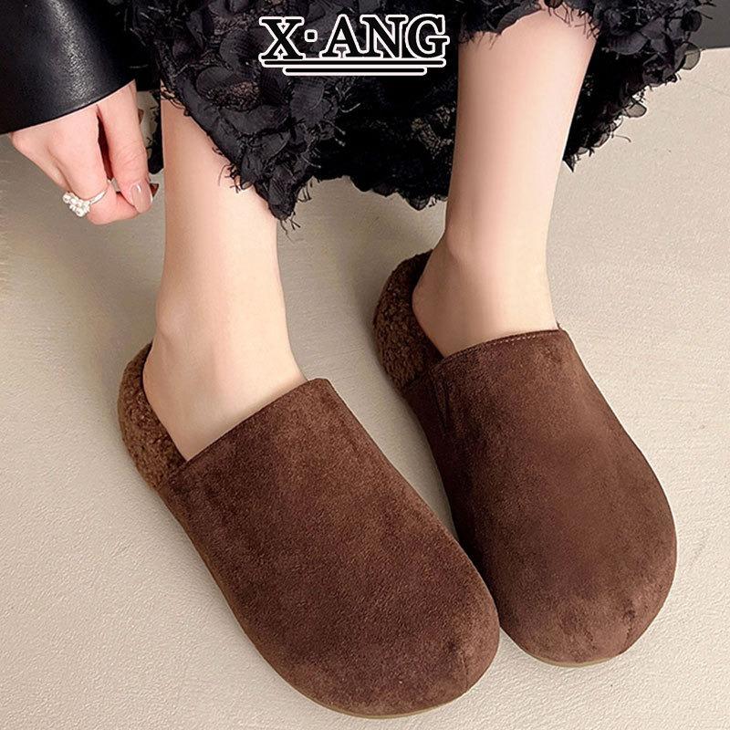 Cowhide version thick-soled children's fluffy shoes new autumn and winter bag head half slippers outer shoes