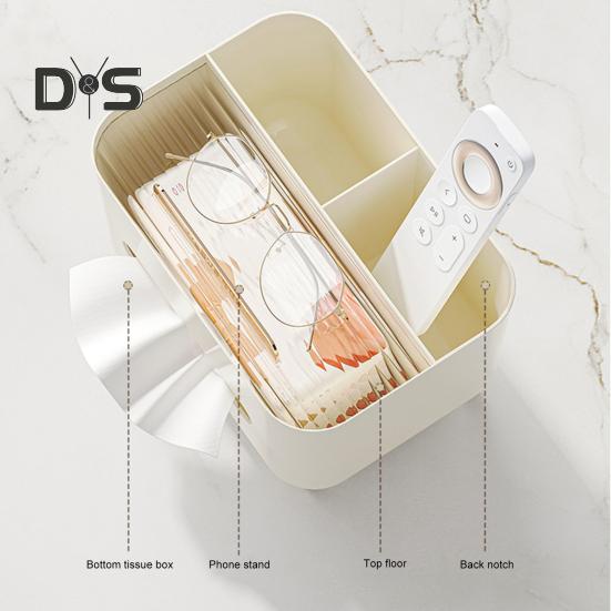 Multifunctional Tissue Box Cover Holder with Storage Compartments Large Capacity Rectangular Napkin Tissue Organizer