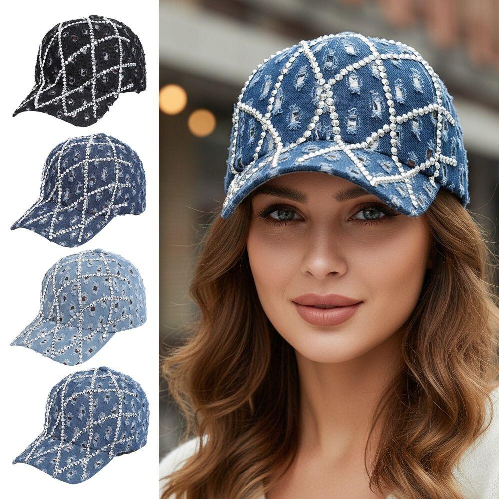 Lässige Baseballkappe mit Strasssteinen Funkelnde Sonnenhüte Modische distressed Denim Baseballkappen für Damen