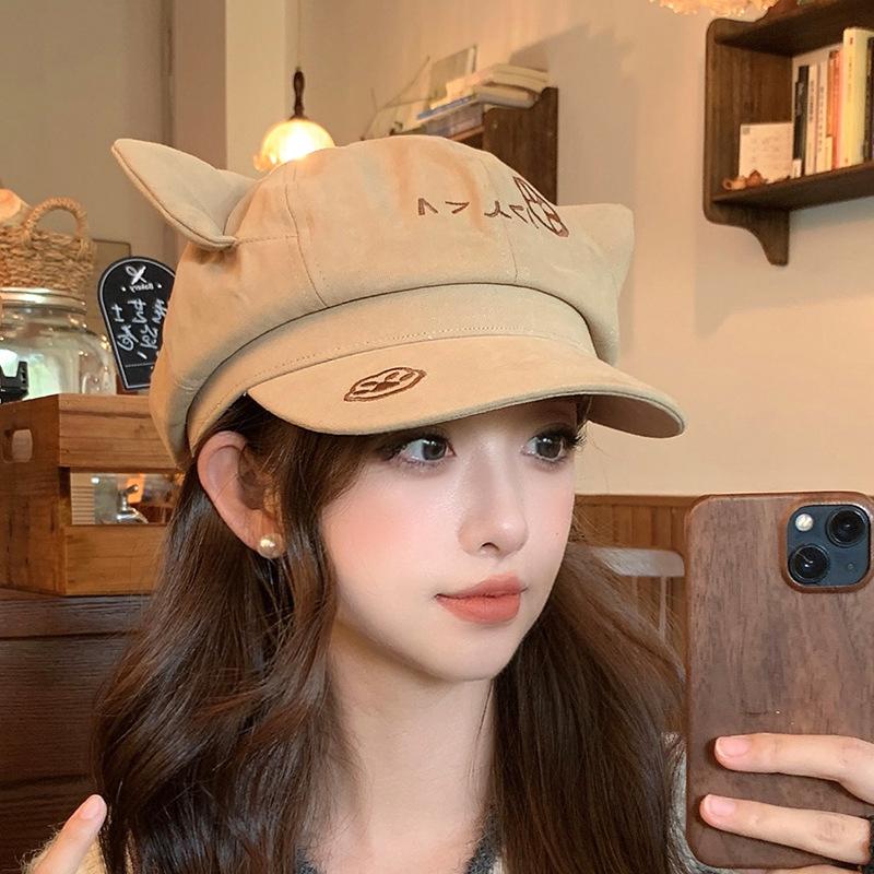 Korean Retro Cat Ear Octagonal Beret For Women Autumn And Winter Brushed And Warm