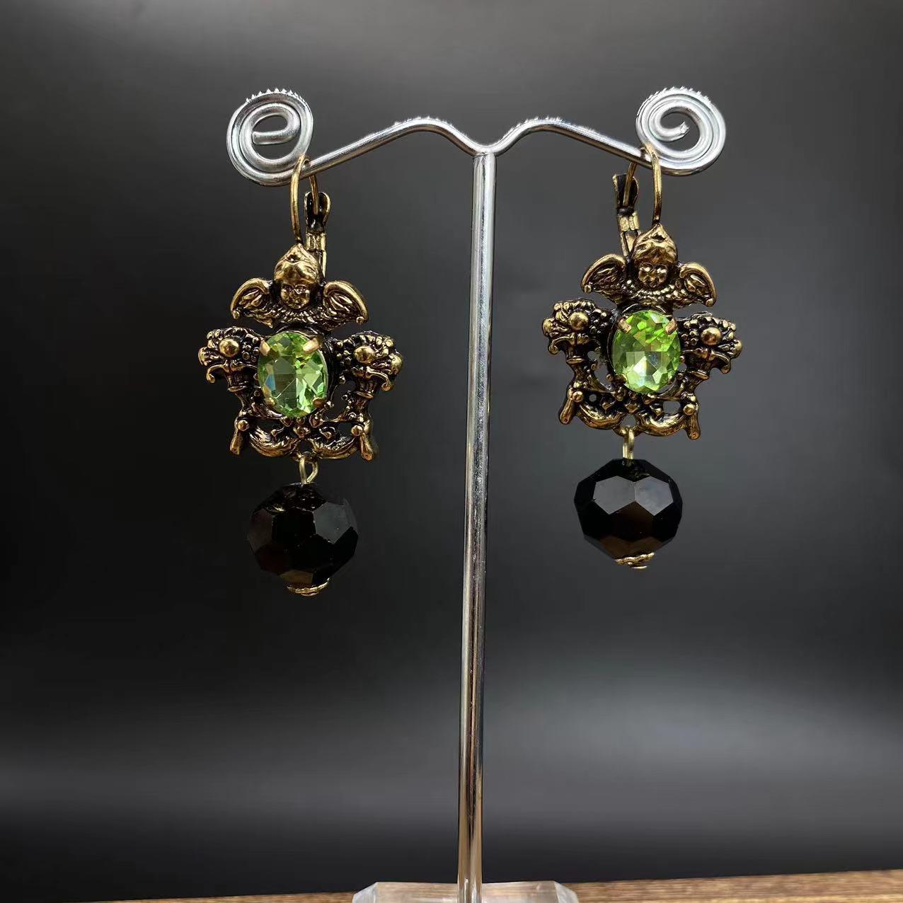 

Vintage Western Style Tassel Earrings with Inlaid Emerald and Glass Angels