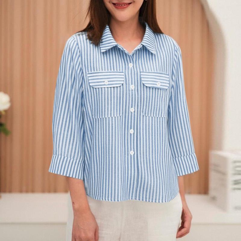 ZANZEA Women Turn Down Collar Loose Casual 3/4 Sleeve Stripe Blouse