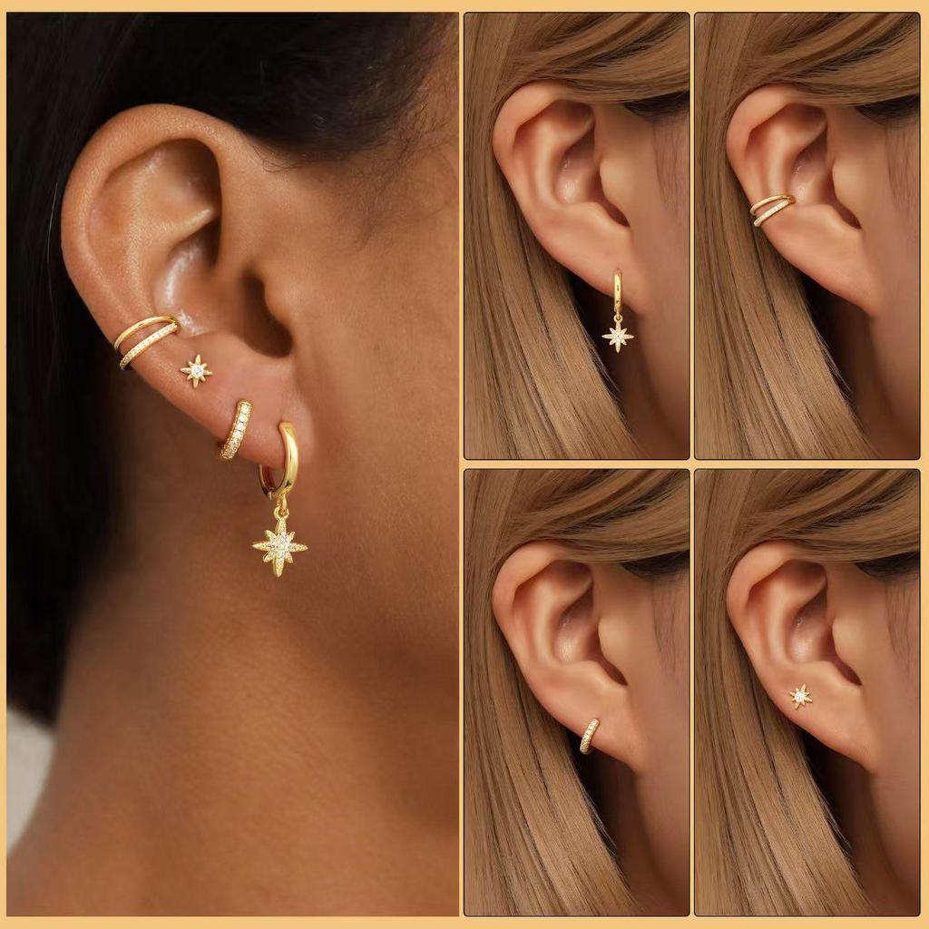 Gold Plated Star & Zircon Circle Earrings for Women - High-End Versatile Design