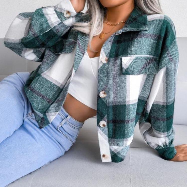 Women Loose Jacket Contrast Color Plaid Print Turn Down Collar Single Breasted Fake Pocket Long Sleeves Fall Spring Commuting