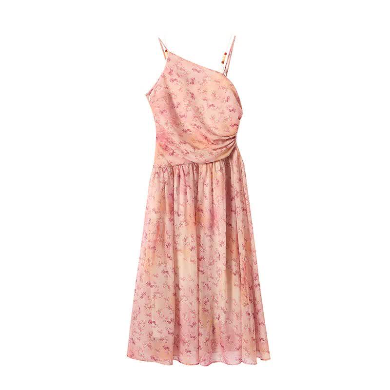 Tencel Floral Asymmetric Shoulder Midi Dress