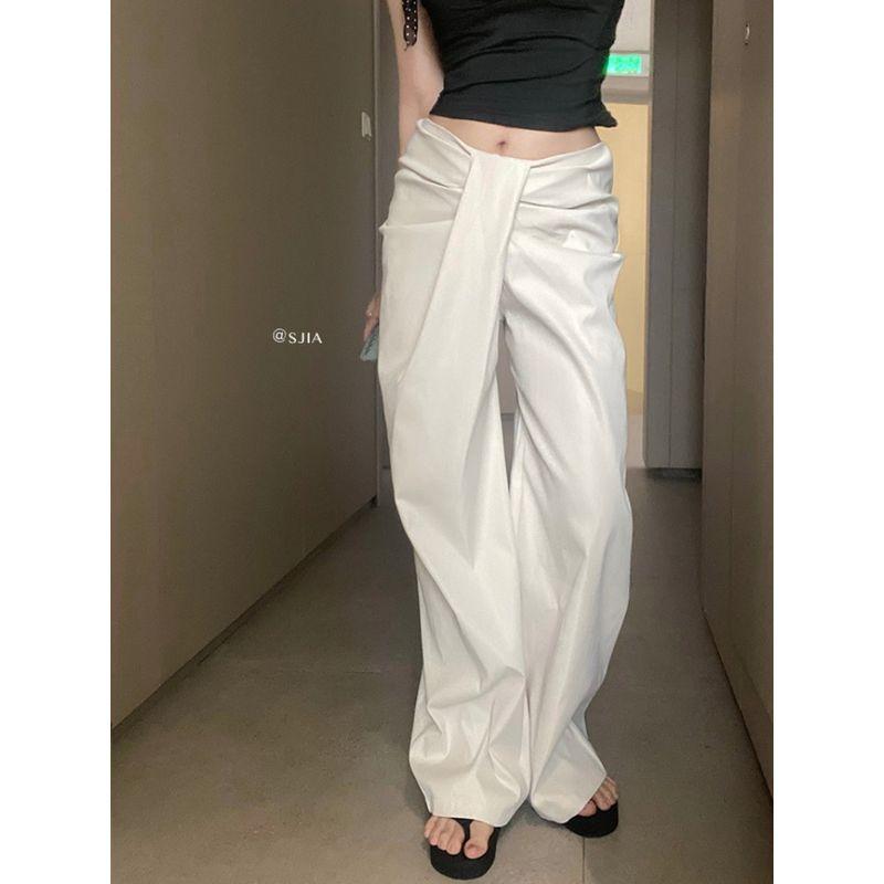 Kumikumi Stylish Asymmetric Large Ruched Casual Pants Women's Autumn Loose Feeling Low Waist Baggy Straight Trousers