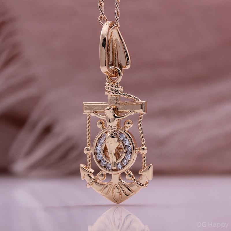 Fashion Hollowed Out Creative Boat Anchor Pendant Necklace Artificial Zircon Rose Gold Color Italian Craft Retro Style Necklace