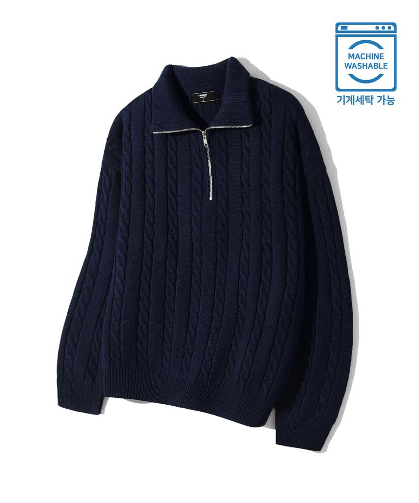 TRILLION Washable Half-Zip Collared Cable Knit (Current Navy)