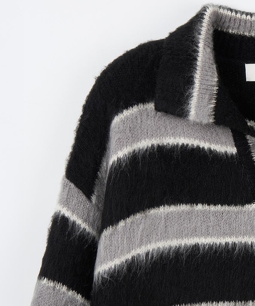 NODU Open Collar Striped Brush Knit [Black]