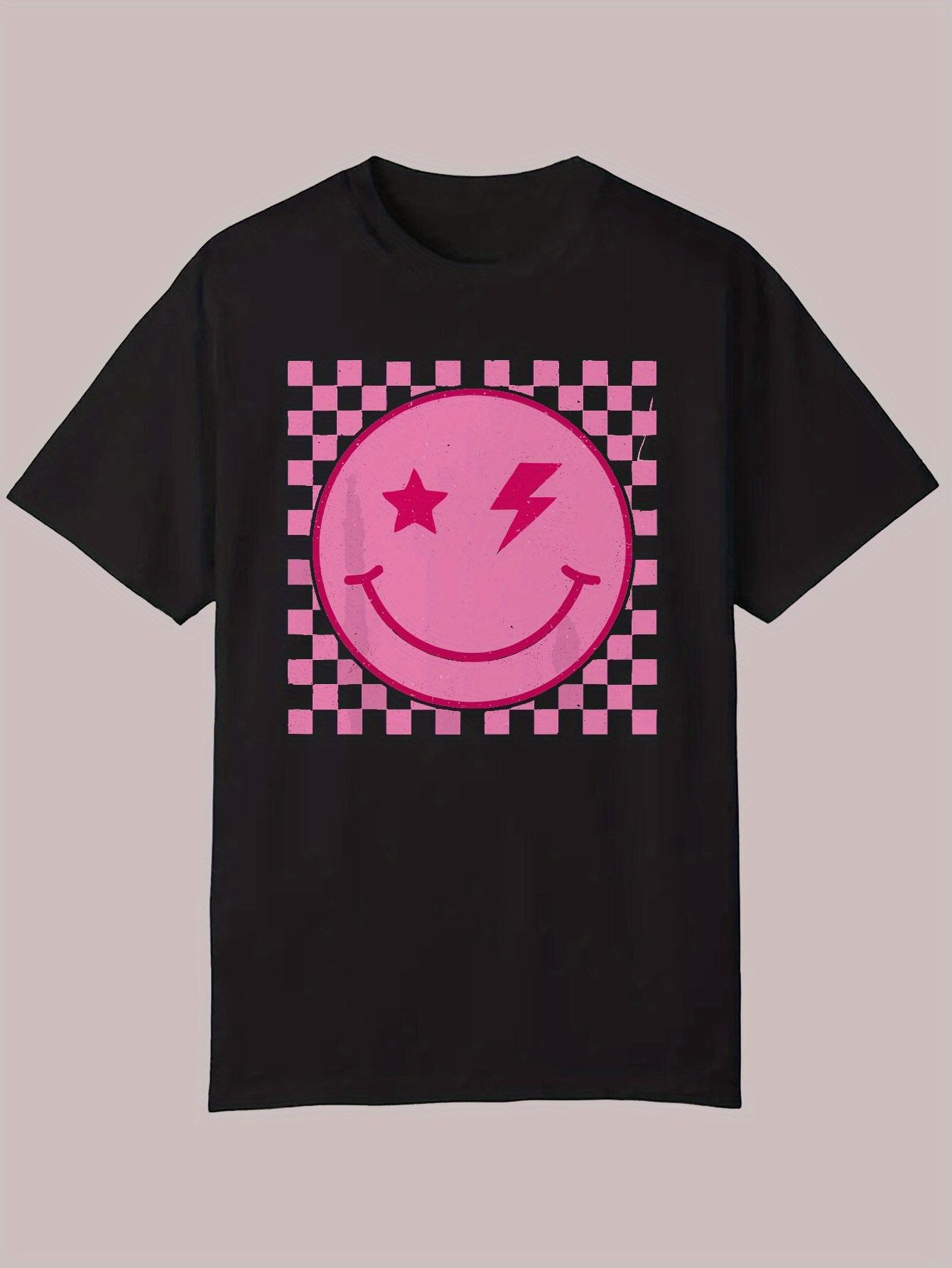 Casual Summer Graphic T-shirt - Black Polyester Crew Neck with Pink Checkered Smile Design M