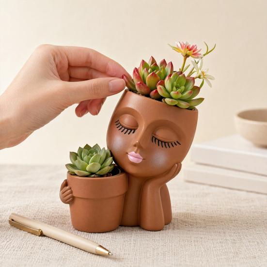 Creative Eyelash Doll Succulents Planter, Cute Sleeping Face Ceramic Pot with Double Holes, Kawaii Desktop Decor for Office Desk, Indoor Small Plant