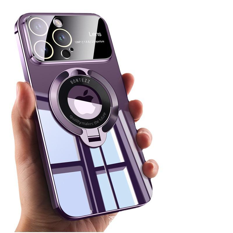 Magnetic Electroplating Clear Case for iPhone 15 Pro Max with Lens Film and New Style Bracket