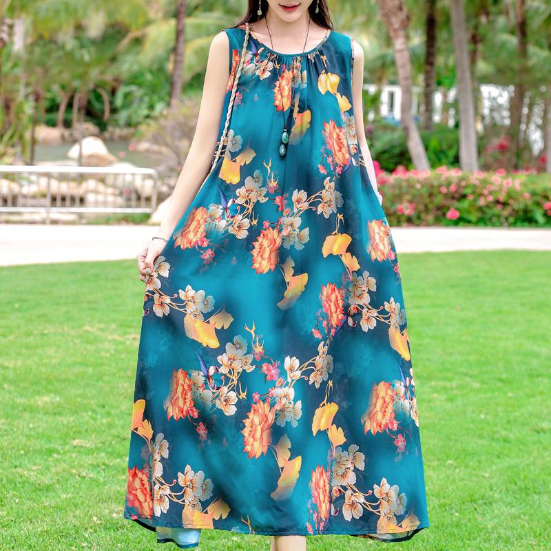 Vestido de Verano Elegante para Mujer de Talla Grande Casual Suelto Sin Mangas Vestido Largo Ropa Femenina Vintage