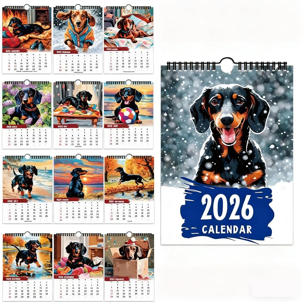 Daily Weekly Monthly Planner 2026 Calendar Dachshund Pattern Paper Desktop Calendar Home Ornaments Hangable Wall Calendar