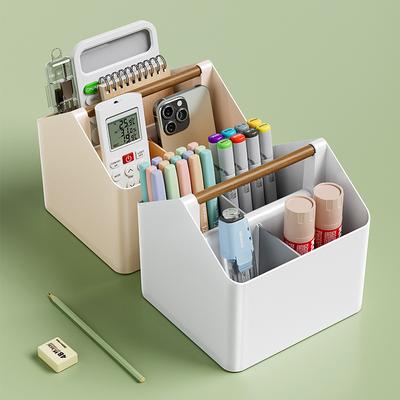 Desktop Storage Box with Wooden Handle Compartmentalized Organizer Portable Desk Caddy for Stationery Cosmetics Office Supplies