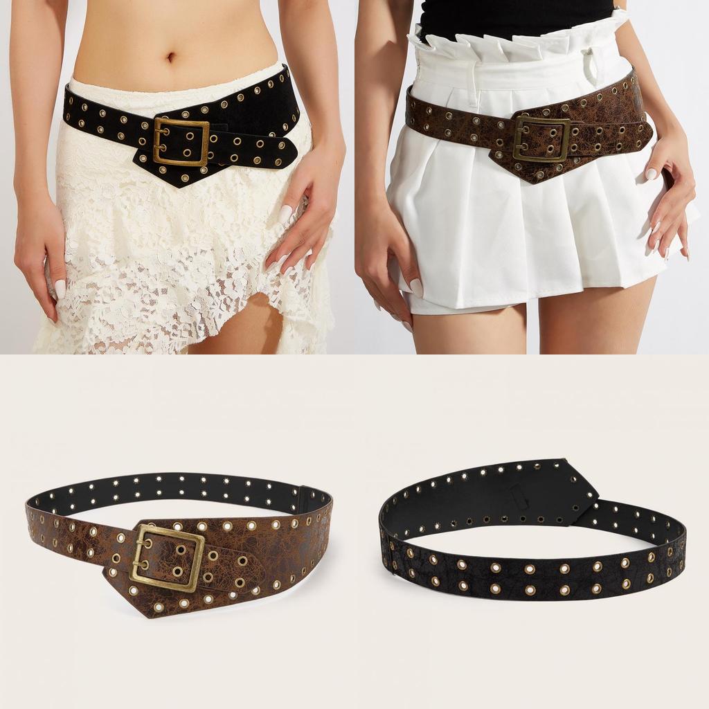 Vintage Street Style Pu Leather Belt For Women With Double Pin Buckle And Metal Rivets