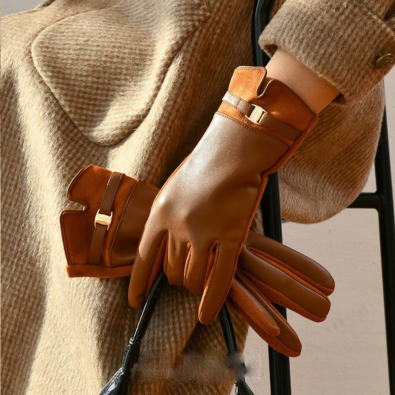 New Leather Gloves Women's Winter Warm Fleece Thickened Touch Screen Winter Driving Finger Gloves