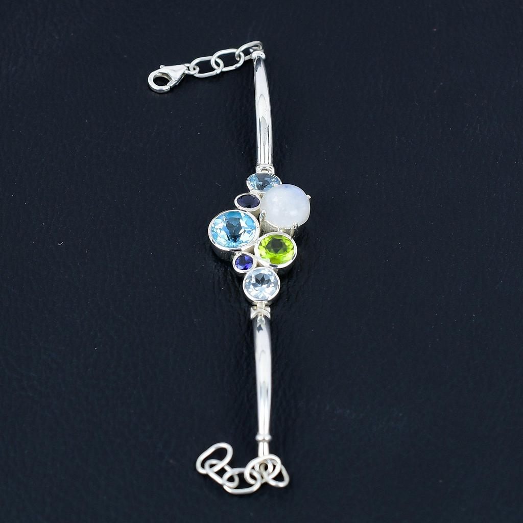 Natural Blue Topaz & Moonstone Gemstone Bracelet, Solid 925 Sterling Silver, Handmade Bracelet Jewerly Gift For Women & Girls