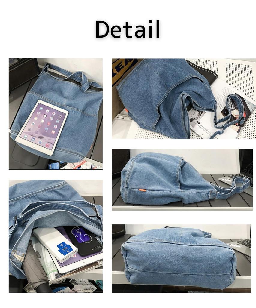 Riaminy Shoulder Bag, Crossbody Bag, Denim, for Men and Women, Tote Bag, Mother's Bag, Eco Bag, Adjustable, Fits A4 Files, Large Capacity,