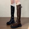 Women Knee High Boots Square High Heels 2025 Autumn Leather Thick Bottom Fashion Buckle Knight Long Botas Femininos