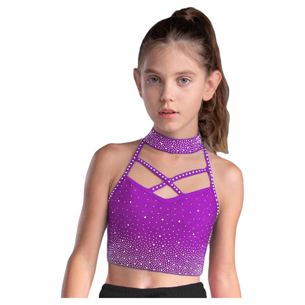 Kids Gymnastics Top Halter Sleeveless with Sparkling Rhinestones Cross Front Backless Dance Wear Costume