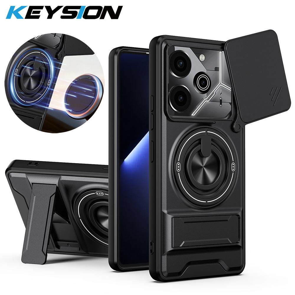 KEYSION Magnetic Phone Case for TECNO Pova 6 6 Pro 5G Slide Camera Lens Protection Upright Kickstand Ring Shockproof Back Cover