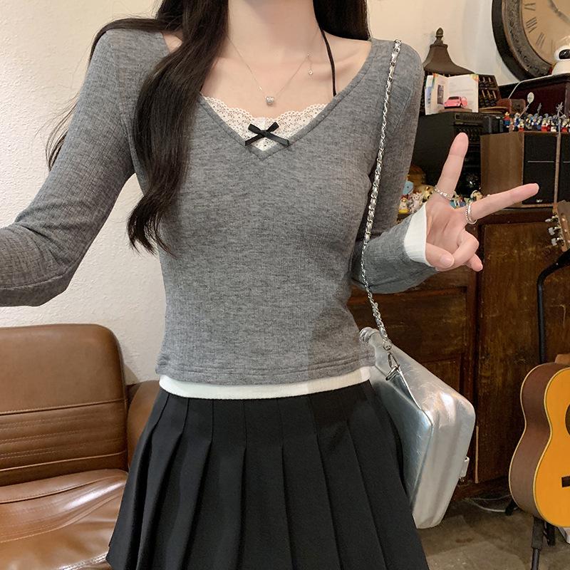 

Женский кружевной топ с V-образным вырезом, длинными рукавами и высокой талией — образ из двух частей на весну и осень One Size серый