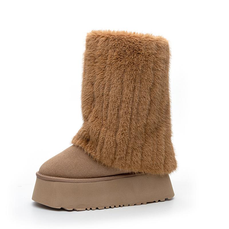 

Autumn and winter new thick-soled medium-tube fluffy boots non-slip velvet cotton shoes cow suede height increase 1cm snow boots women 40