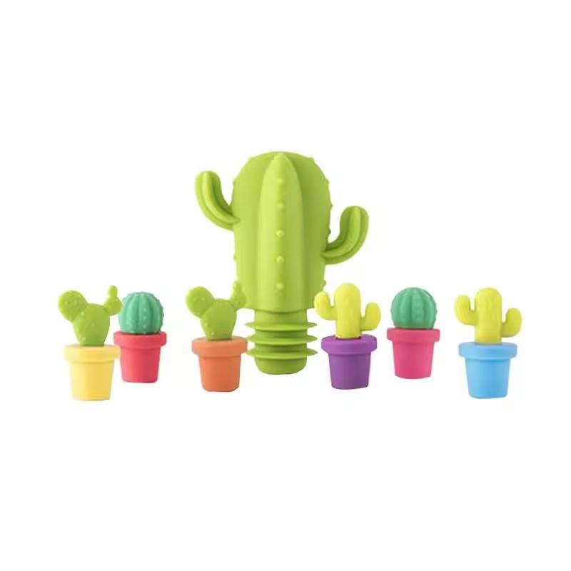 1 set Stoppers Vacuum Drinks Stopper Silicone Cactus Party Glass Marker Charms Cup Identification Cup Labels Tag Signs