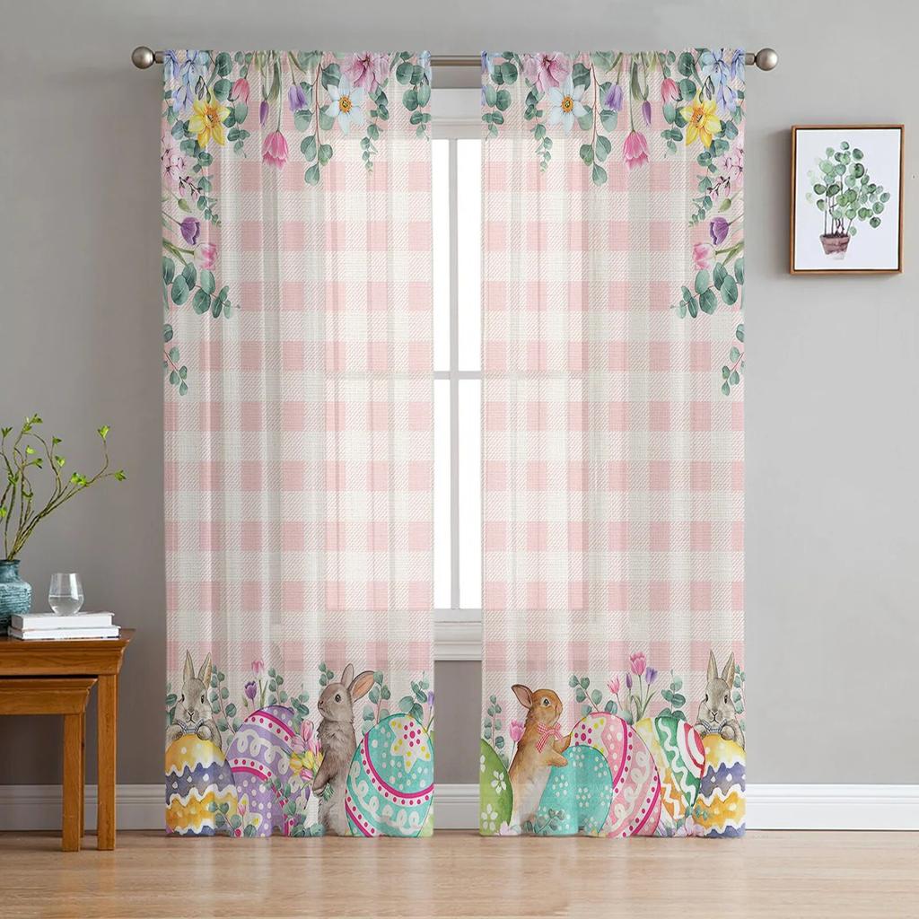Wielkanocne jaja króliczka wiosenne kwiaty tiulowe zasłony do salonu sypialnia przezroczysta zasłona typu woal okno Home Decor zasłony