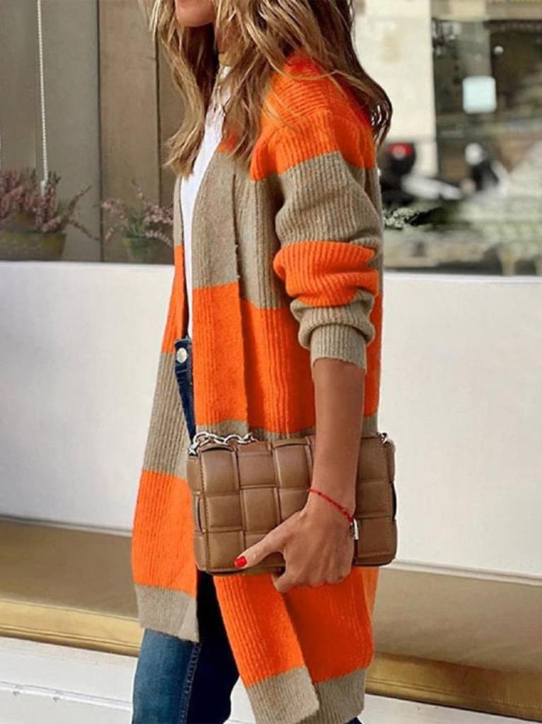 New Autumn and Winter Contrast Color Striped Cardigan Women's Casual Mid-Length Off-Shoulder Knitted Cardigan