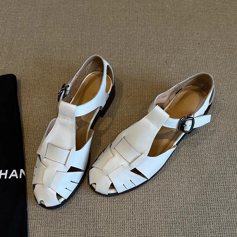 

Cowhide version~ retro style woven bag head Roman sandals women s summer wear leather flat-bottomed cool slippers shoes 35