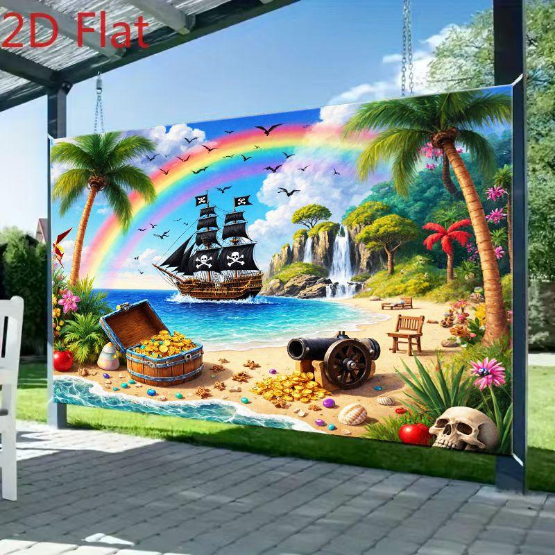 2D Plane a Magnificent and Fantastical Beach Scene Background Reflecting the Theme of Treasure and Adventure Polyester