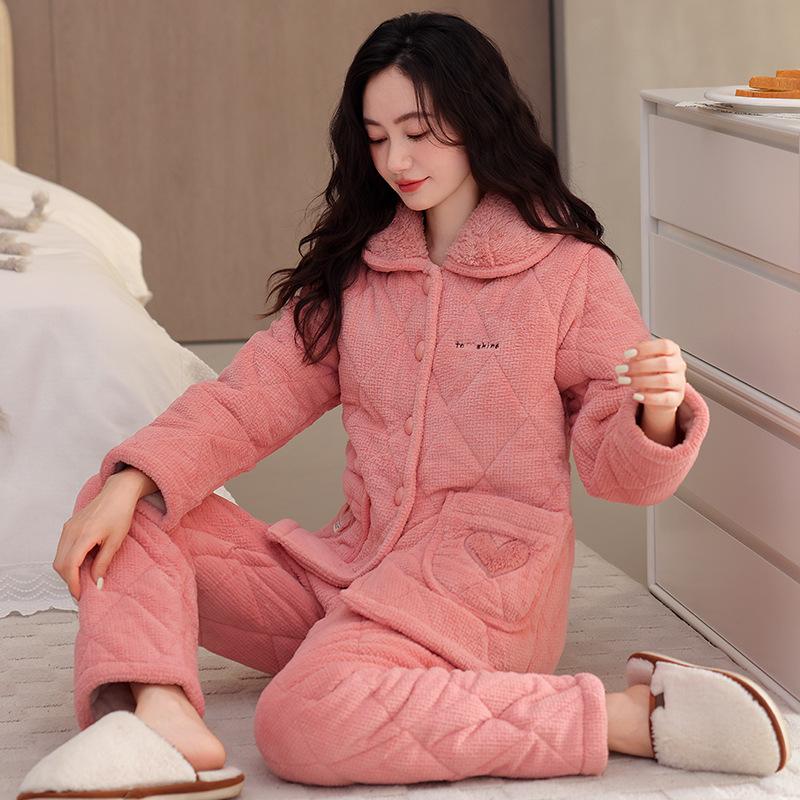 Winter padded pajamas women's three-layer thickened coral fleece padded jacket autumn and winter flannel loungewear warm suit