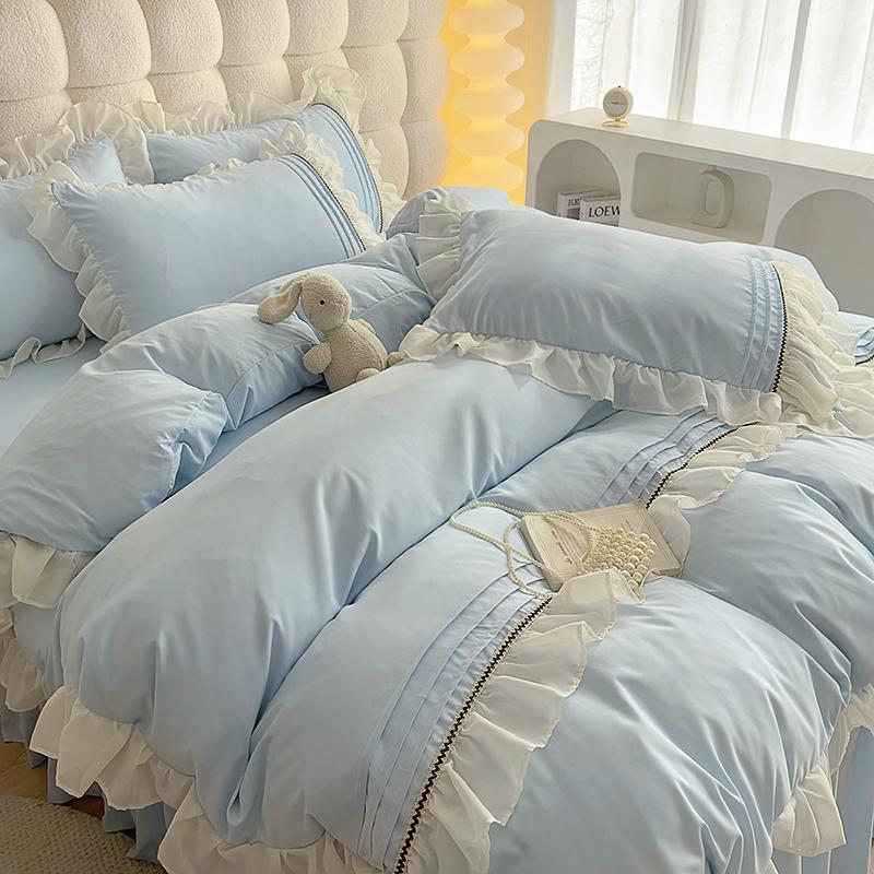 INS Girls Blue Bedding Sets Solid Color Ruffles Lace Kawaii Soft Bed Skirt Sheet Woman Duvet Cover Pillow Covers Quilt Cover
