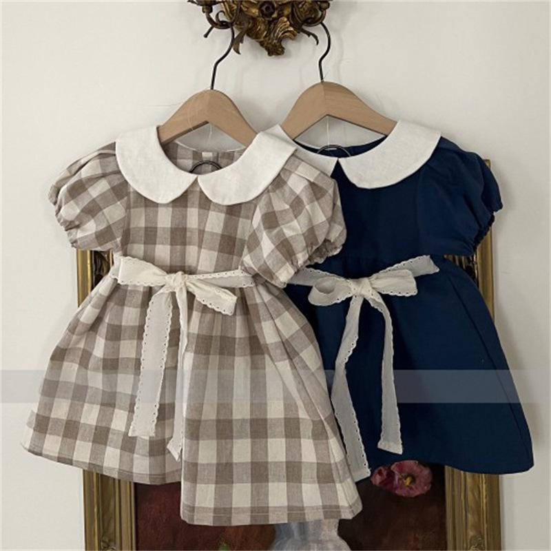 

Летнее платье в корейском стиле для матери и дочери с воротником-стойкой и поясом-бантом 100cm