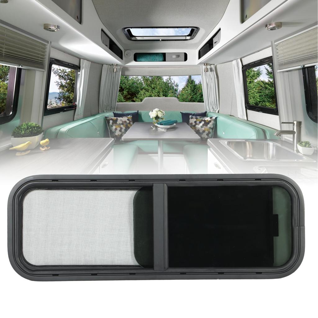 900x300mm Round Angle Sliding RV Window Black Tempered Glass Shade Window for Camper Trailer