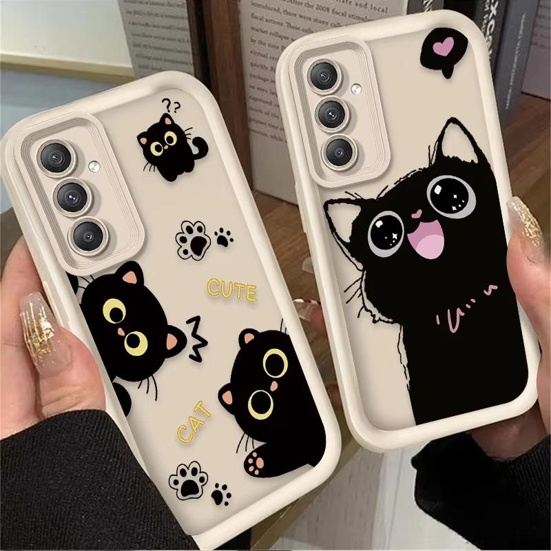 Lovely Black Cat Silicone Case For Samsung Galaxy S25 Ultra S24 S23 S22 Plus S21 FE S20 A55 A54 A15 A35 Shockproof Soft Cover
