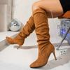 Vintage Pleated Women Knee High Boots Pointed Toe High Heels Shoes Autumn Winter Ladies Sexy Long Boots Zapatos De Mujer