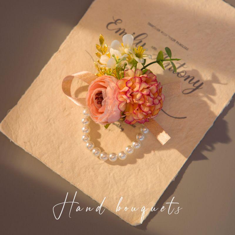 Vintage Forest Style Wedding Corsage & Boutonniere Set: Bride, Groom, Bridesmaid Pearl Wrist Corsage