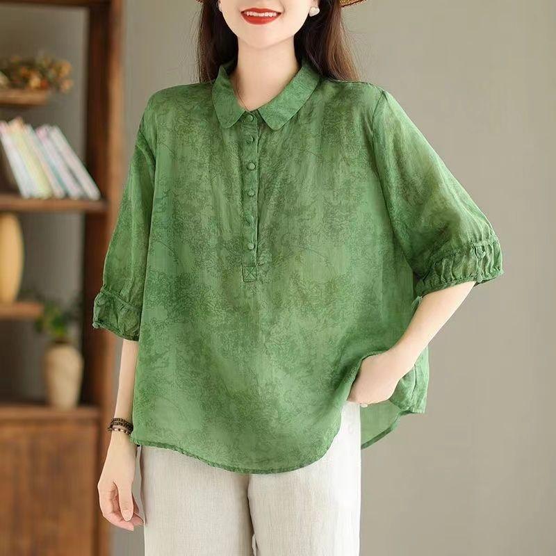 Women's Jacquard Collar Shirt Fashion Retro Women's Mid Sleeve Shirt Thin T-shirt