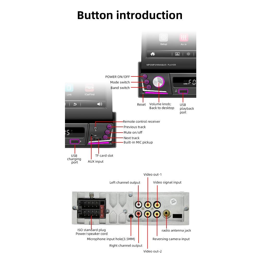 1Din Car Radio Multimedia MP5 Player, 7 inch Universal Navigation with Android Auto & Bluetooth, HD Screen USB TF FM Stereo