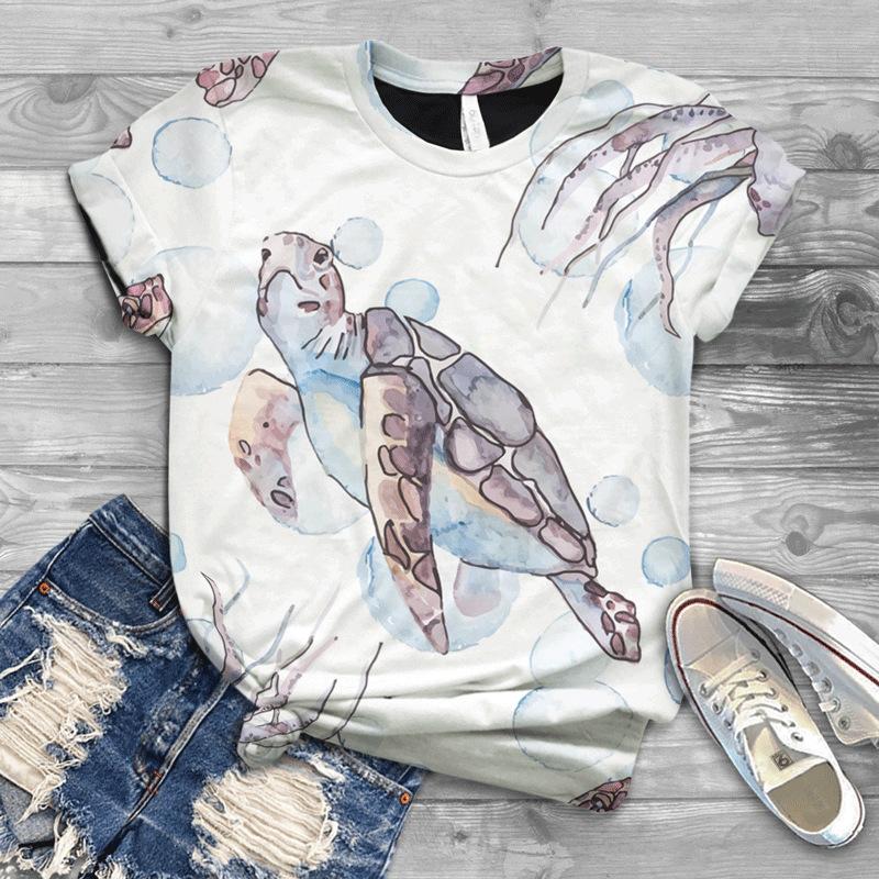 Spring Summer 3D Digital Printed T-shirt Loose Casual Round Neck Women's Wear Shirt